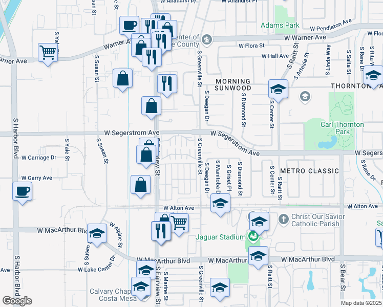 map of restaurants, bars, coffee shops, grocery stores, and more near 2630 West Segerstrom Avenue in Santa Ana