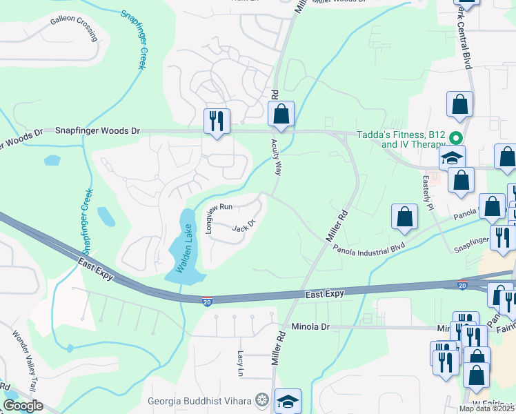 map of restaurants, bars, coffee shops, grocery stores, and more near 4997 Longview Run in Decatur