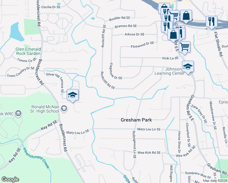 map of restaurants, bars, coffee shops, grocery stores, and more near 2748 Rockcliff Road Southeast in Atlanta