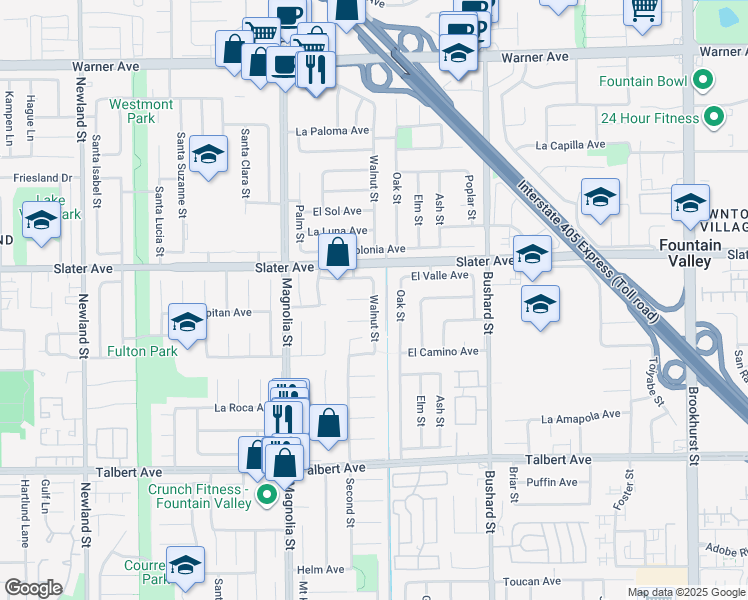 map of restaurants, bars, coffee shops, grocery stores, and more near Walnut Street & El Verde Circle in Fountain Valley