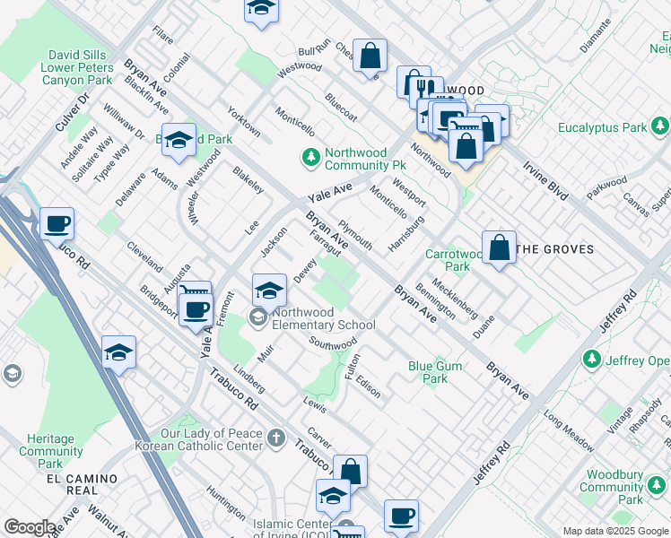 map of restaurants, bars, coffee shops, grocery stores, and more near in Irvine