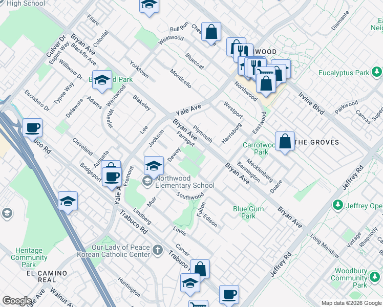 map of restaurants, bars, coffee shops, grocery stores, and more near 21 Tory in Irvine