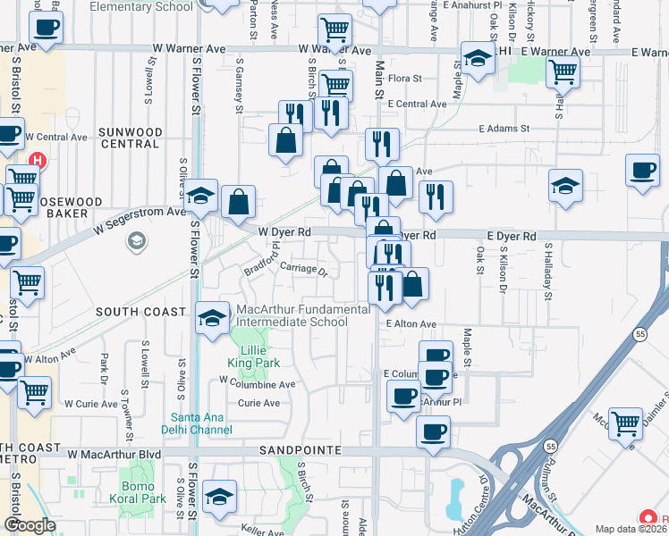 map of restaurants, bars, coffee shops, grocery stores, and more near 200 Carriage Drive in Santa Ana