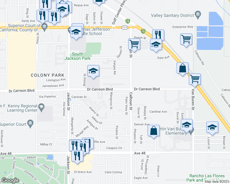 map of restaurants, bars, coffee shops, grocery stores, and more near 83372 Tropical Whisper Court in Indio