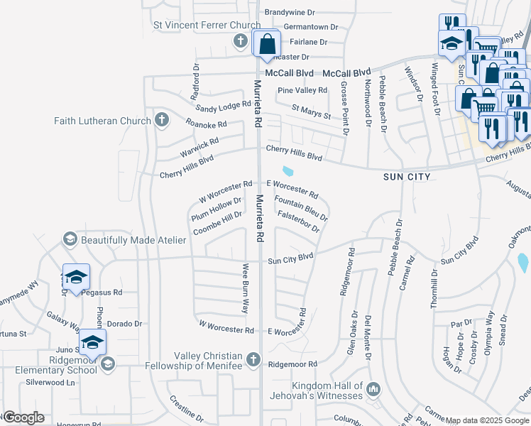 map of restaurants, bars, coffee shops, grocery stores, and more near 28478 Murrieta Road in Menifee