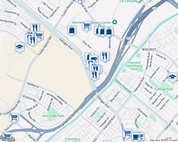 map of restaurants, bars, coffee shops, grocery stores, and more near Edinger Ave & Jamboree Plaza in Tustin