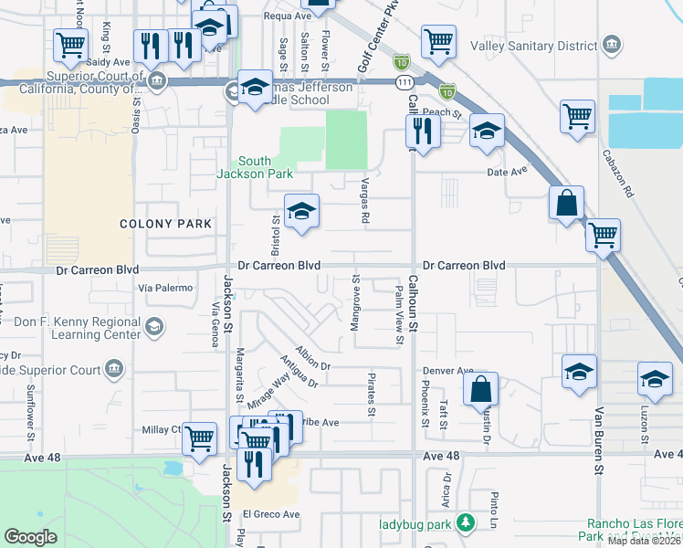 map of restaurants, bars, coffee shops, grocery stores, and more near 83313 Corte Presidente in Indio