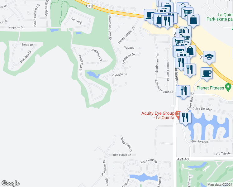 map of restaurants, bars, coffee shops, grocery stores, and more near 78180 Cortez Lane in Indian Wells