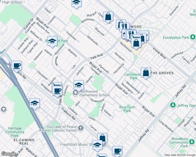 map of restaurants, bars, coffee shops, grocery stores, and more near in Irvine