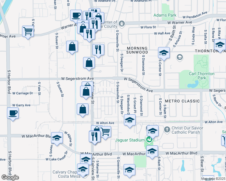 map of restaurants, bars, coffee shops, grocery stores, and more near 2630 West Segerstrom Avenue in Santa Ana