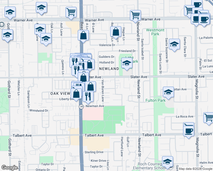 map of restaurants, bars, coffee shops, grocery stores, and more near 8202 Slater Avenue in Huntington Beach