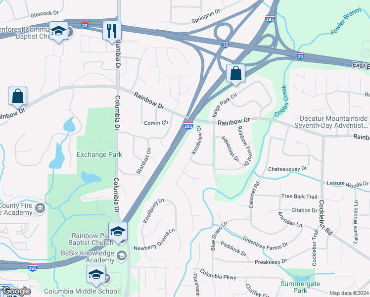 map of restaurants, bars, coffee shops, grocery stores, and more near 2700 Idlewild Road in Decatur