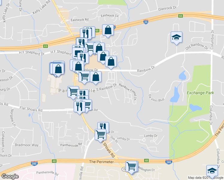 map of restaurants, bars, coffee shops, grocery stores, and more near 3015 Rainbow Drive in Decatur