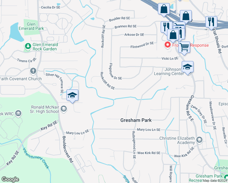 map of restaurants, bars, coffee shops, grocery stores, and more near 2755 Rockcliff Road Southeast in Atlanta