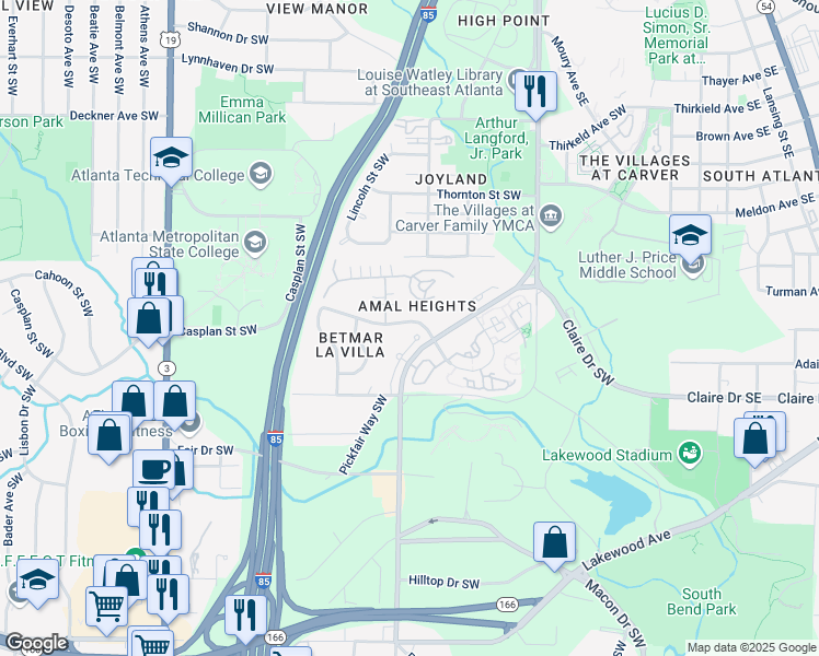 map of restaurants, bars, coffee shops, grocery stores, and more near 380 Amal Drive Southwest in Atlanta