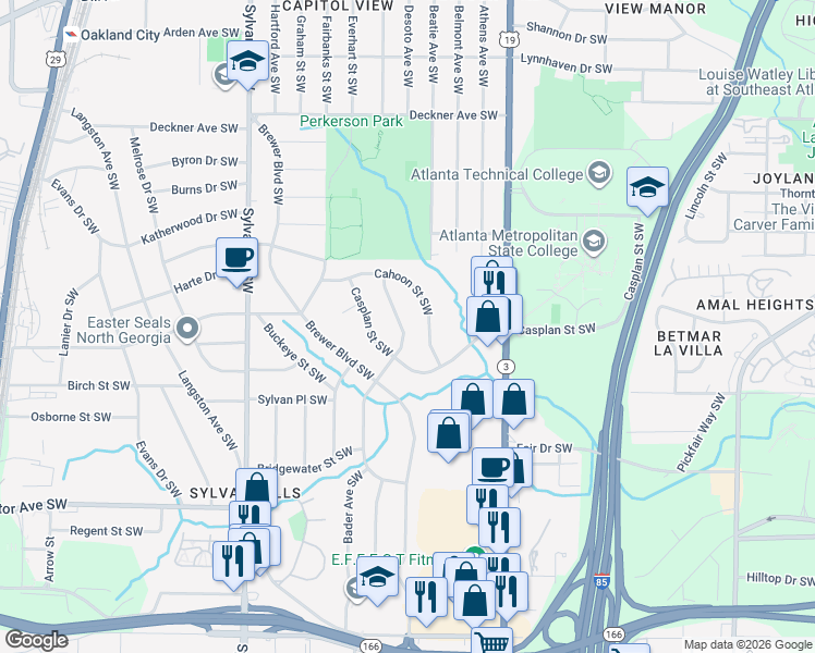 map of restaurants, bars, coffee shops, grocery stores, and more near 1713 Lisbon Drive Southwest in Atlanta