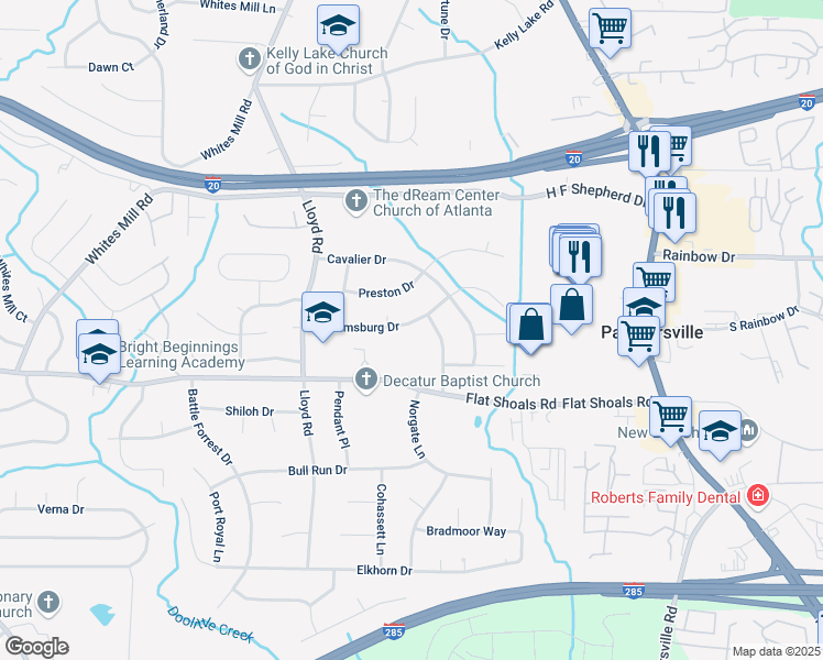 map of restaurants, bars, coffee shops, grocery stores, and more near 2653 Williamsburg Drive in Decatur
