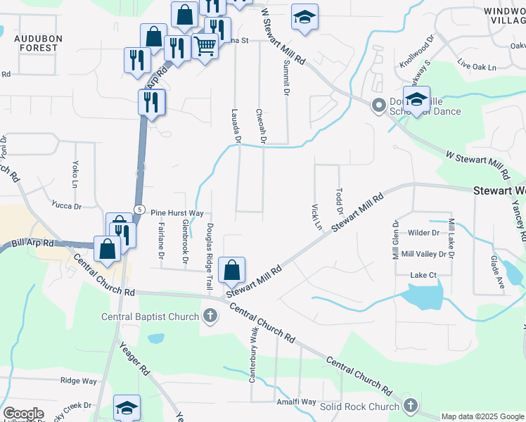 map of restaurants, bars, coffee shops, grocery stores, and more near 4109 Cheoah Drive in Douglasville