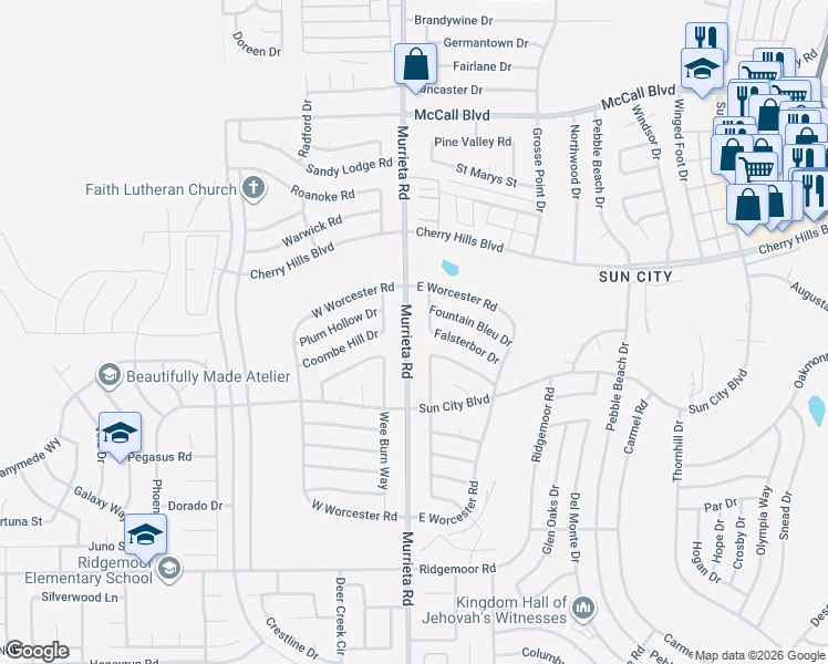 map of restaurants, bars, coffee shops, grocery stores, and more near 28478 Murrieta Road in Menifee