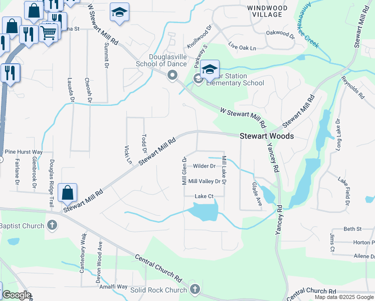 map of restaurants, bars, coffee shops, grocery stores, and more near 3606 Mill Glen Drive in Douglasville