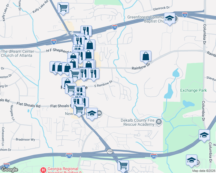 map of restaurants, bars, coffee shops, grocery stores, and more near 3015 Rainbow Drive in Decatur