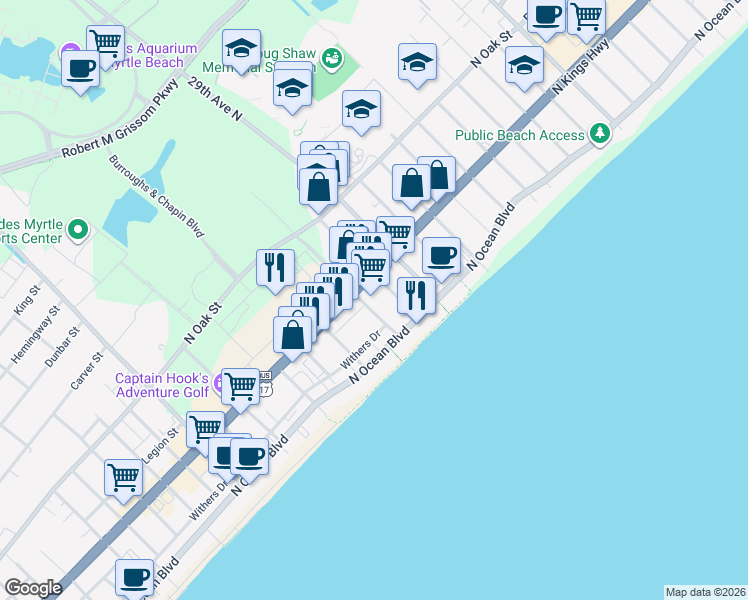 map of restaurants, bars, coffee shops, grocery stores, and more near 414 27th Avenue North in Myrtle Beach