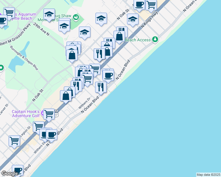 map of restaurants, bars, coffee shops, grocery stores, and more near 3000 North Ocean Boulevard in Myrtle Beach