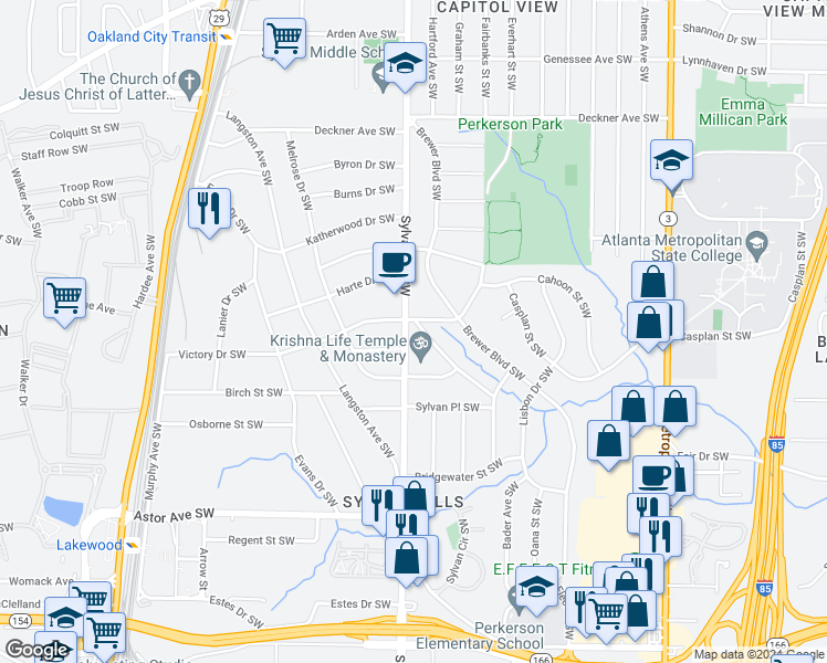 map of restaurants, bars, coffee shops, grocery stores, and more near 1740 Sylvan Road Southwest in Atlanta