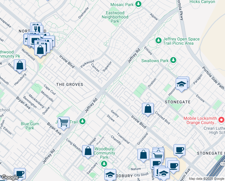 map of restaurants, bars, coffee shops, grocery stores, and more near 6548 Sequoia Drive in Buena Park