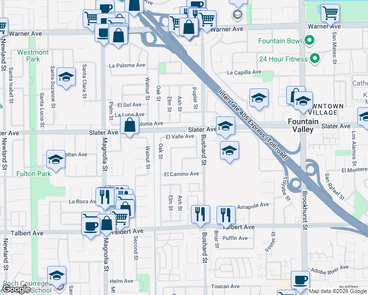 map of restaurants, bars, coffee shops, grocery stores, and more near 9404 El Blanco Avenue in Fountain Valley