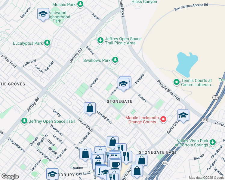 map of restaurants, bars, coffee shops, grocery stores, and more near 218 Shelbourne in Irvine
