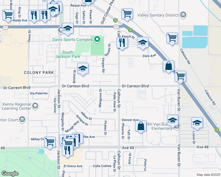 map of restaurants, bars, coffee shops, grocery stores, and more near 83393 Corte Presidente in Indio