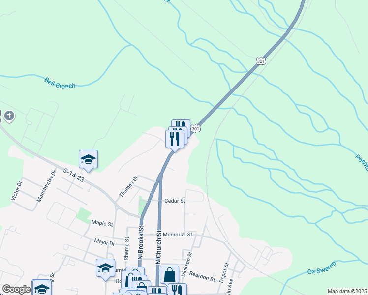 map of restaurants, bars, coffee shops, grocery stores, and more near U.S. 301 in Manning