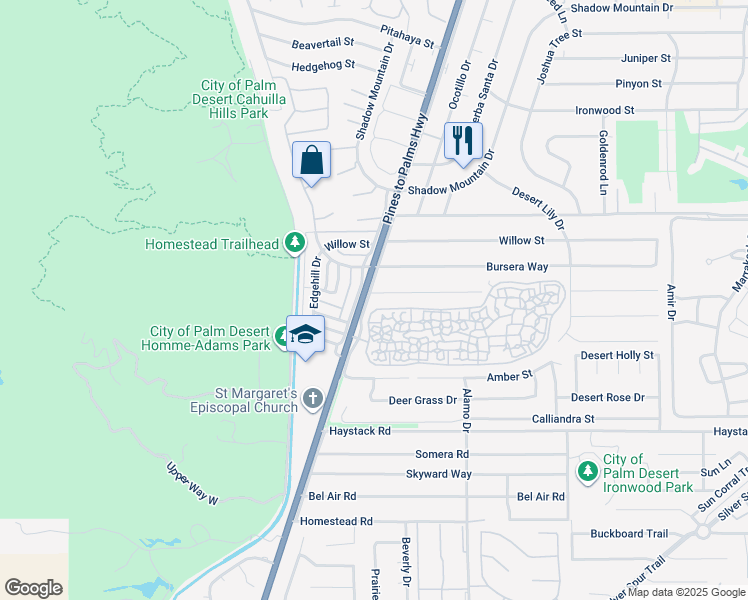 map of restaurants, bars, coffee shops, grocery stores, and more near 72751 Tamarisk Street in Palm Desert
