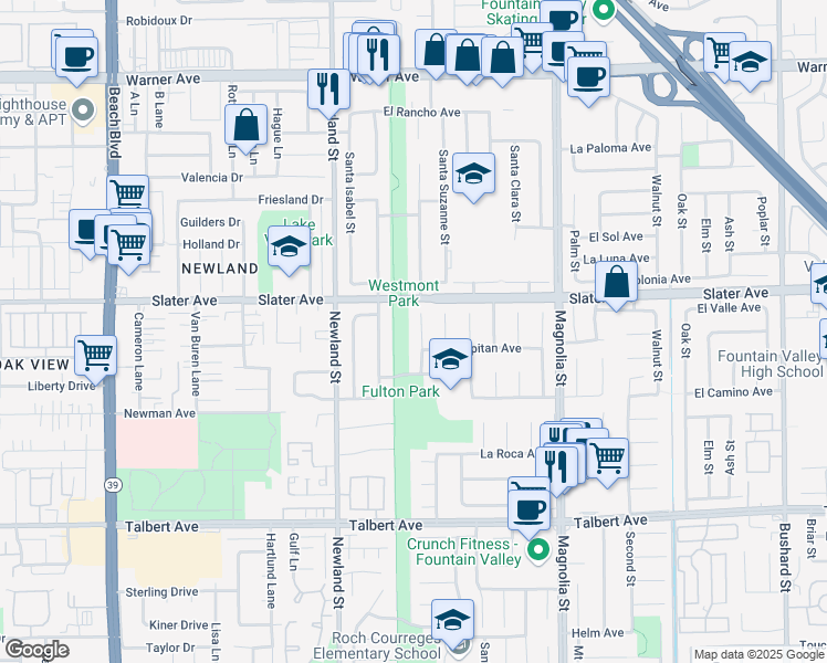 map of restaurants, bars, coffee shops, grocery stores, and more near 17575 Santa Paula Circle in Fountain Valley