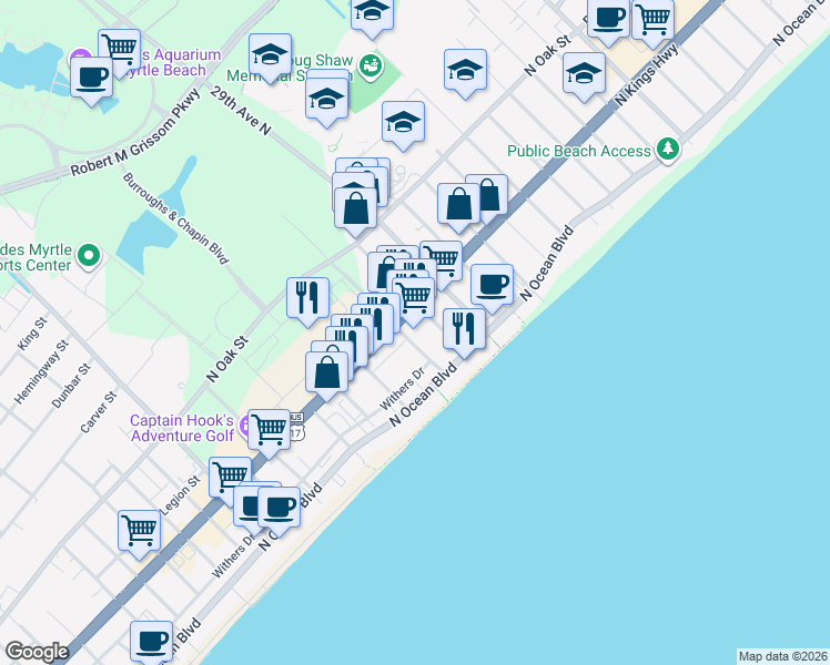 map of restaurants, bars, coffee shops, grocery stores, and more near 414 27th Avenue North in Myrtle Beach