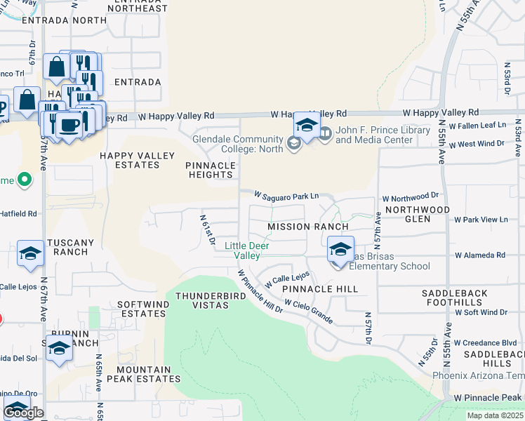 map of restaurants, bars, coffee shops, grocery stores, and more near 6009 West Questa Drive in Glendale