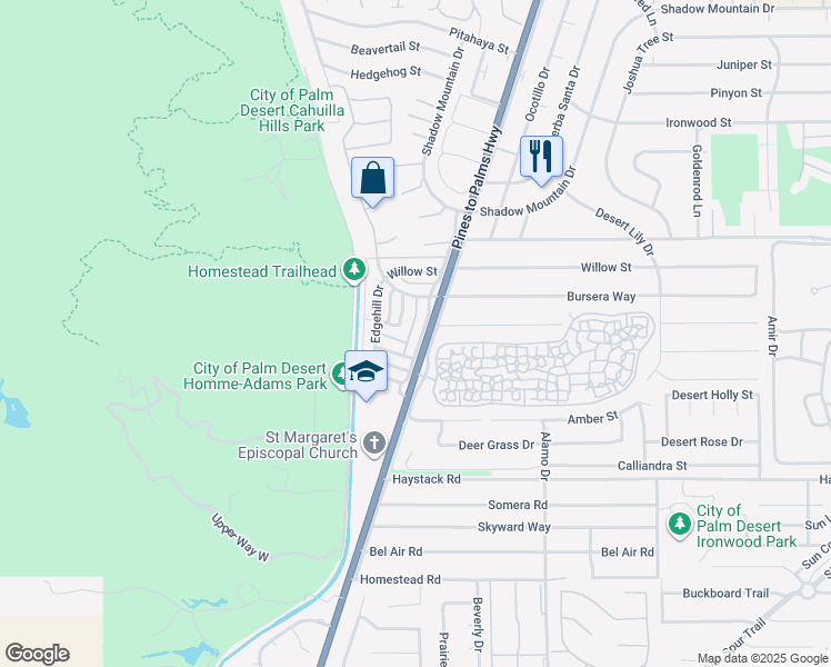map of restaurants, bars, coffee shops, grocery stores, and more near 46917 California 74 in Palm Desert