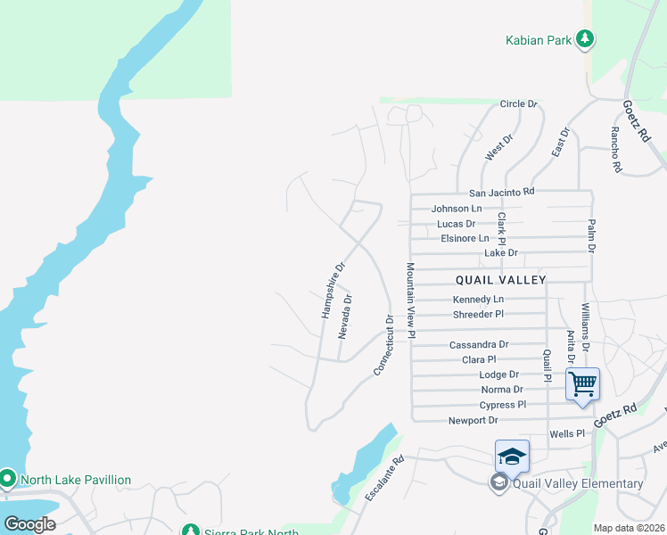 map of restaurants, bars, coffee shops, grocery stores, and more near Hampshire Drive in Menifee