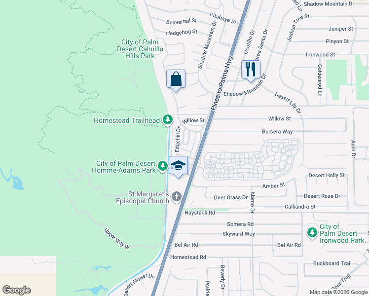 map of restaurants, bars, coffee shops, grocery stores, and more near 2 Palm Desert Drive North in Palm Desert