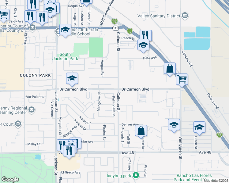 map of restaurants, bars, coffee shops, grocery stores, and more near 46923 Calhoun Street in Indio