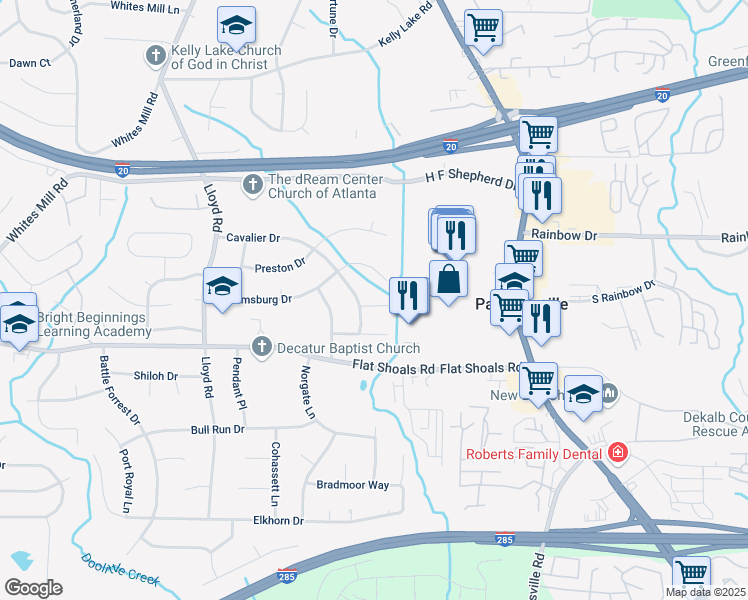map of restaurants, bars, coffee shops, grocery stores, and more near 2724 Quincy Lane in Decatur