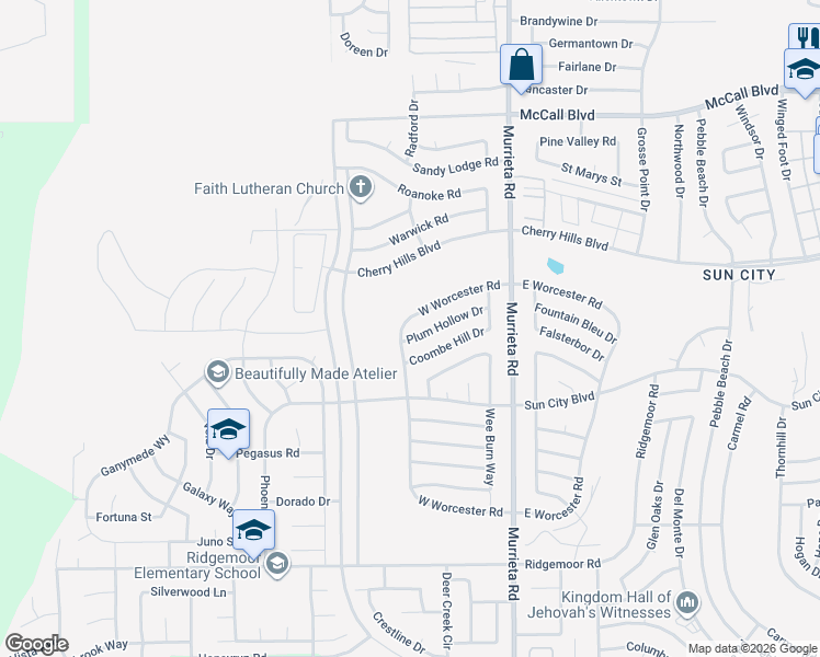 map of restaurants, bars, coffee shops, grocery stores, and more near 28377 West Worcester Road in Menifee