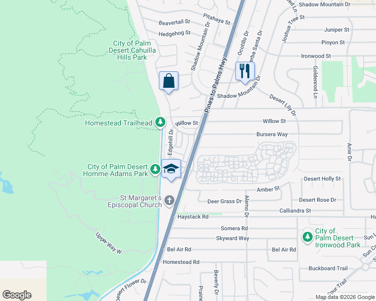 map of restaurants, bars, coffee shops, grocery stores, and more near 46917 California 74 in Palm Desert
