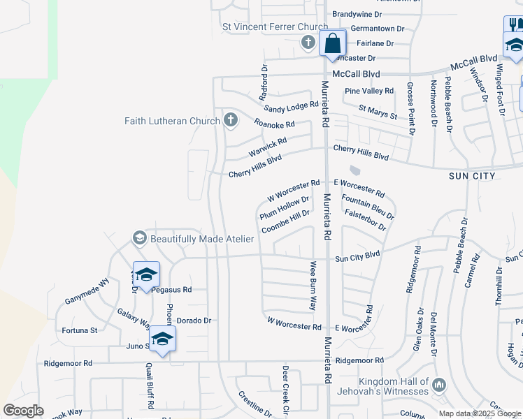 map of restaurants, bars, coffee shops, grocery stores, and more near 28426 West Worcester Road in Menifee