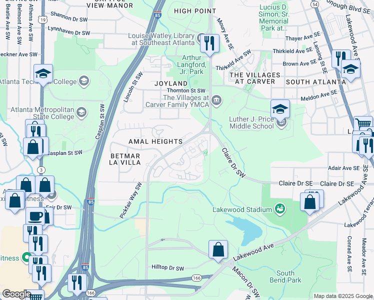 map of restaurants, bars, coffee shops, grocery stores, and more near 214 Amal Drive Southwest in Atlanta