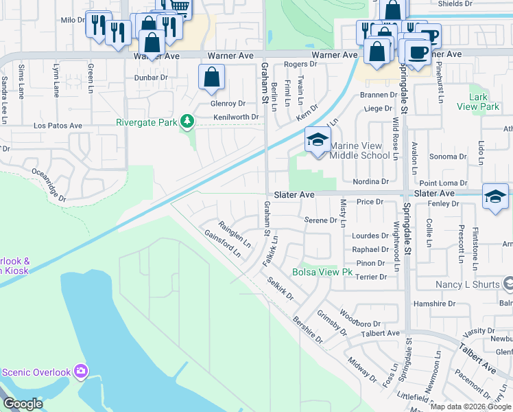 map of restaurants, bars, coffee shops, grocery stores, and more near 17541 Beckwall Lane in Huntington Beach