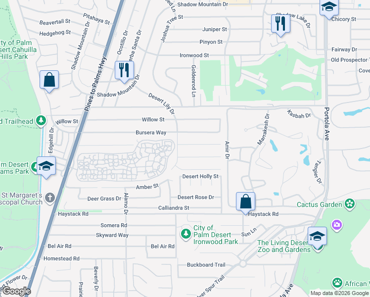 map of restaurants, bars, coffee shops, grocery stores, and more near 73285 Tamarisk Street in Palm Desert