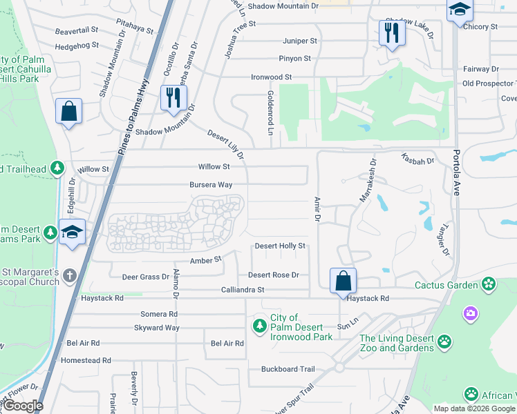map of restaurants, bars, coffee shops, grocery stores, and more near 73285 Tamarisk Street in Palm Desert