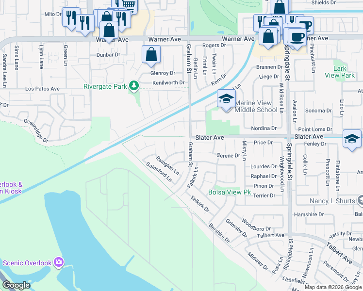 map of restaurants, bars, coffee shops, grocery stores, and more near 17541 Beckwall Lane in Huntington Beach